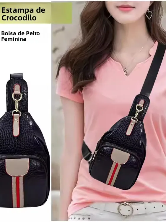 fashionable-black-crocodile-pattern-sports-chest-bag-for-women-casual-style-crossbody-bag-with-zipper-soft-pu-material