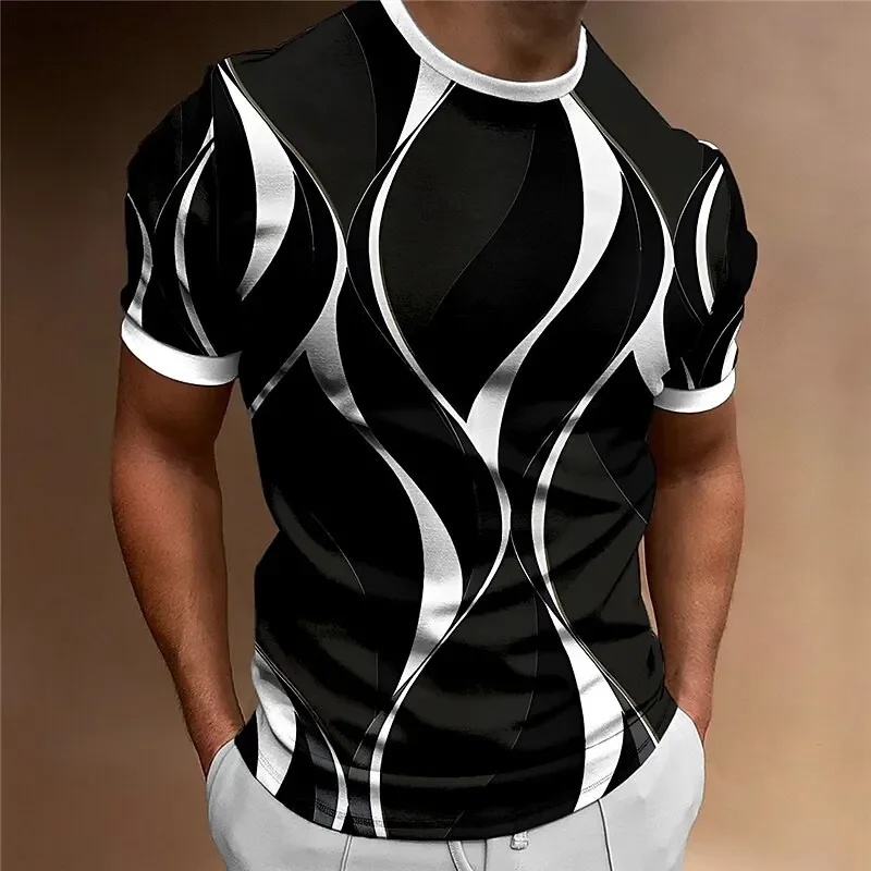 

Men's curved light pattern 3D printed short sleeve T-shirt, casual loose T-shirt, large silhouette men's clothing, outdoor top,