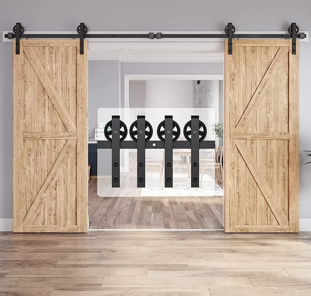 Heavy Duty Sliding Barn Door Hardware Kit with Big-Rollers 8-20FT Black Steel Track Roller Set for Two Door Smoothly