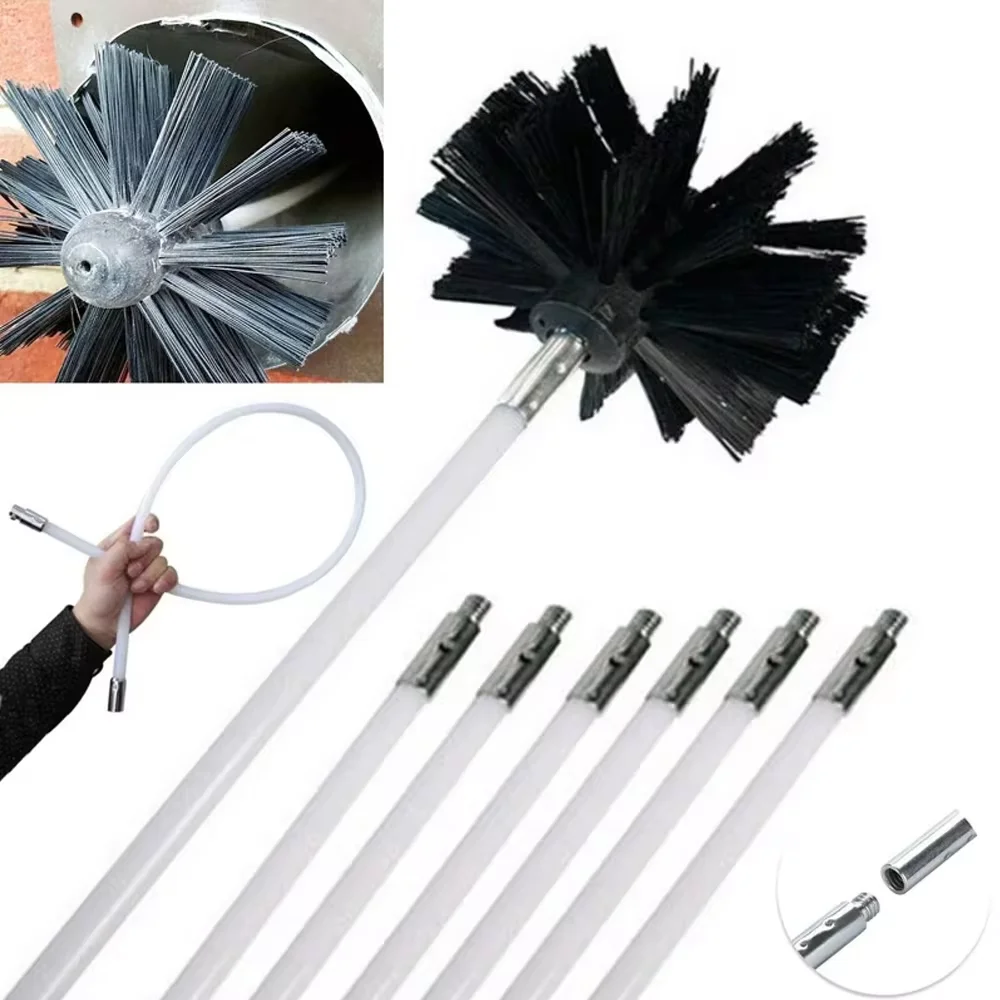 Chimney Brush Set with Long Handle Rods Flue Sweeping Brush 100/150mm Brush Head Air Duct Cleaning Tool for Chimney Dryer Pipe