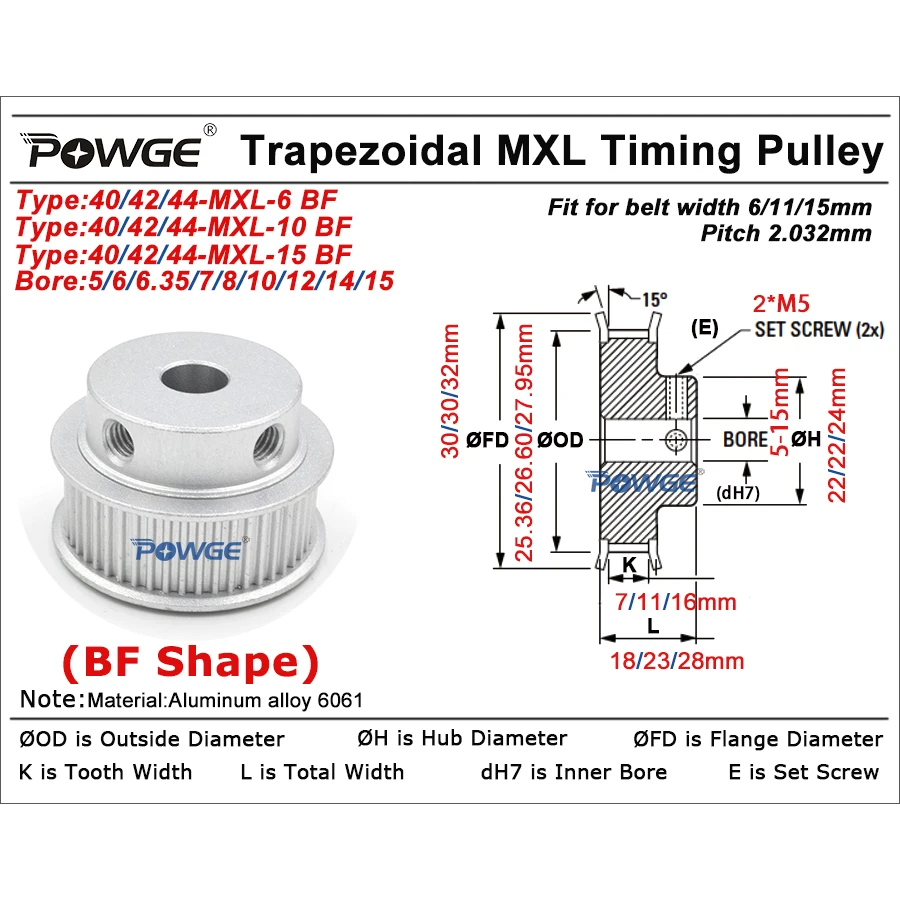 POWGE Trapezoidal 40 42 44 teeth MXL Timing Pulley Bore 5/6/6.35/7/8/10/12/14/15/16/19/20mm for belt width 6/10/15mm 40T 42T 44T