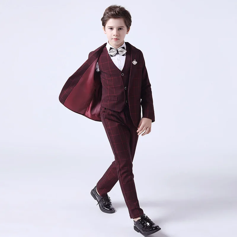 Children\'s 1Year Birthday Suit Flower Boys Wedding School Prom Photography Dress Costume Infant Kids Blazer Vest Pants Outfits