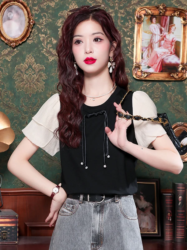 

Retro Chinese Style Black Shirt Women's Summer High-End Feeling Loose Casual Top with Lace Sleeves Silk Chiffon Blouse