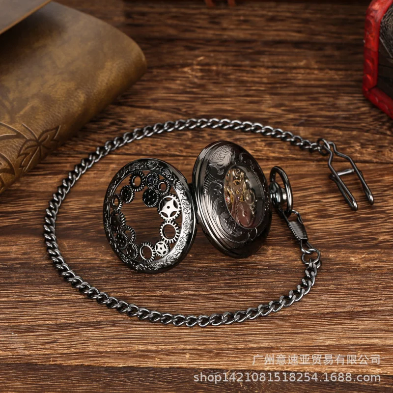 New Products in Stock Hot Sale Hollow Gear Blue Roman Face Manual Manipulator Large Pocket Watch Male and Female Student Pocket