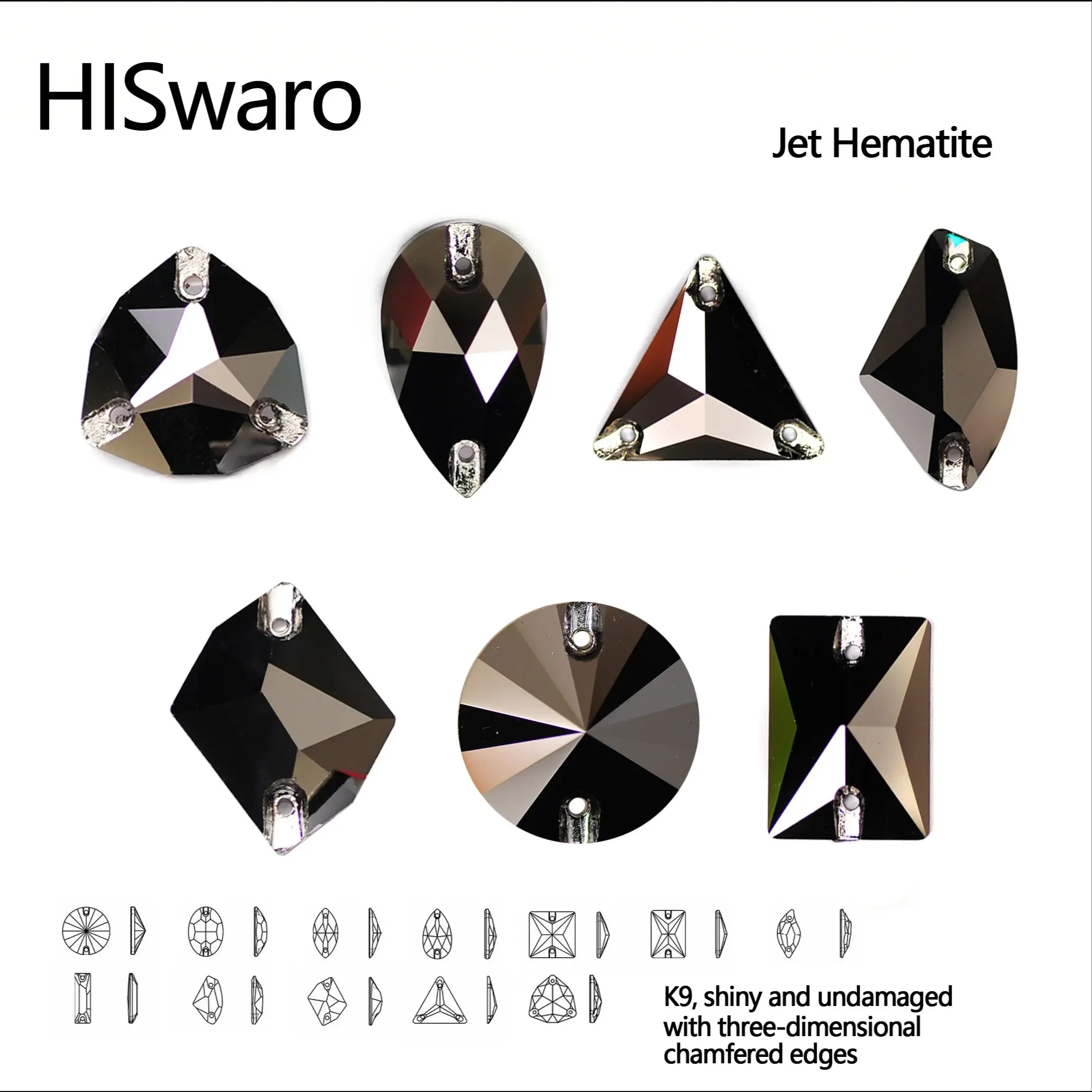 

Стразы HISwaro Jet Hematite, различные формы, высококачественное стекло K9, пришивные, с плоским дном, для одежды и платьев