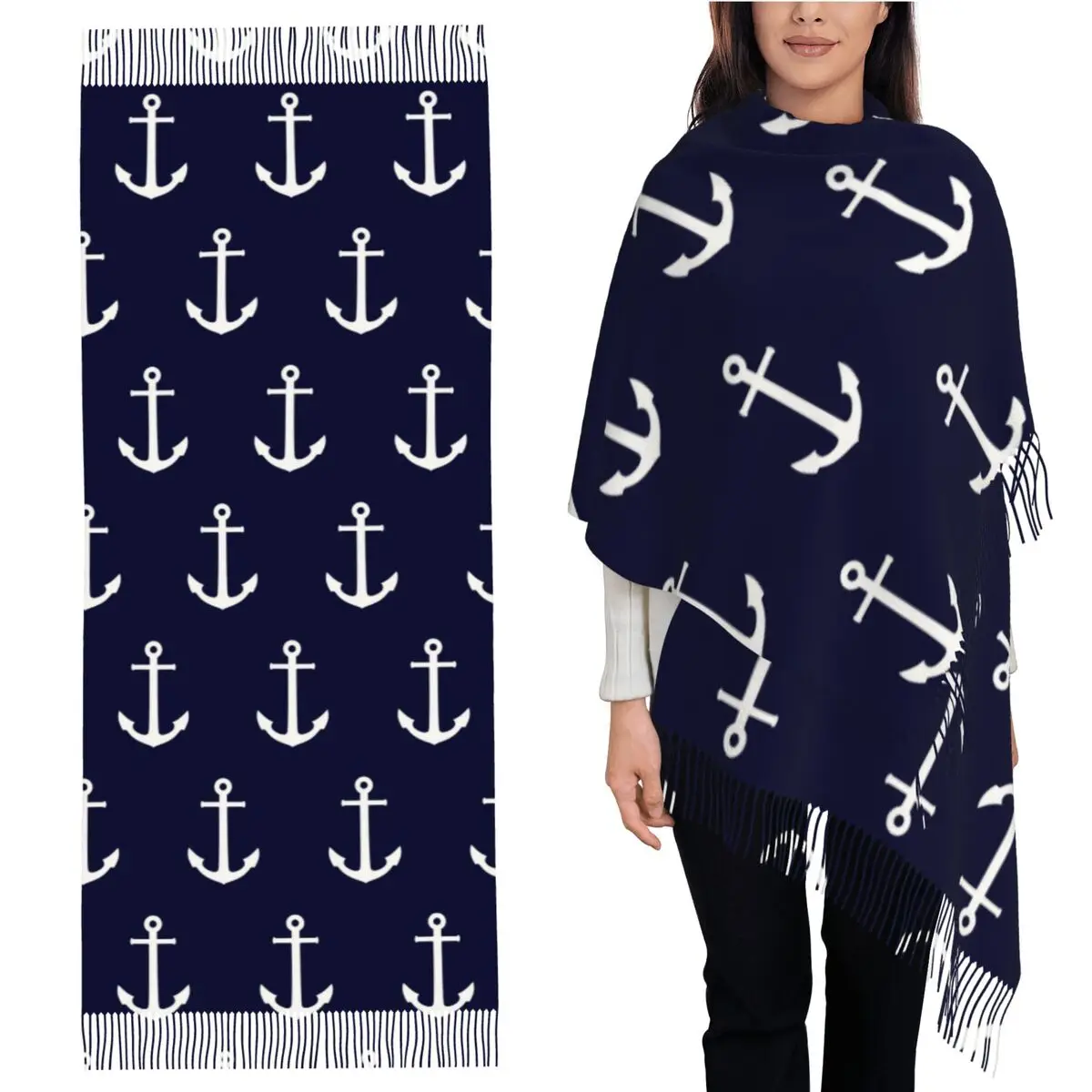 

White Anchor On Navy Blue Scarf Tassel Scarves for Women Soft Warm Shawls and Wraps Large Fall Winter Shawl Wrap