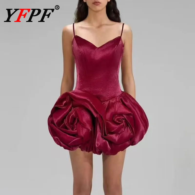 

YFPF платье на бретельках с v-образным вырезом, женское модное однотонное платье без рукавов с 3D цветами в стиле пэчворк, мини-тонкие платья, элегантная новая одежда 2026 г.