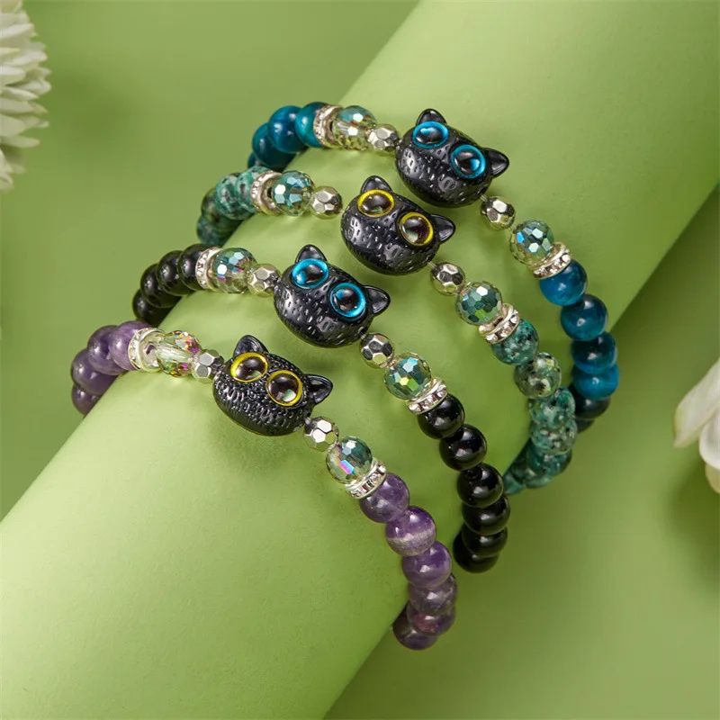 Ceramic Cat Head Bracelet Practical Natural Stone Bead Bracelet Bracelet For Cat Lovers Adorable For Valentine'S Day Cat Lovers