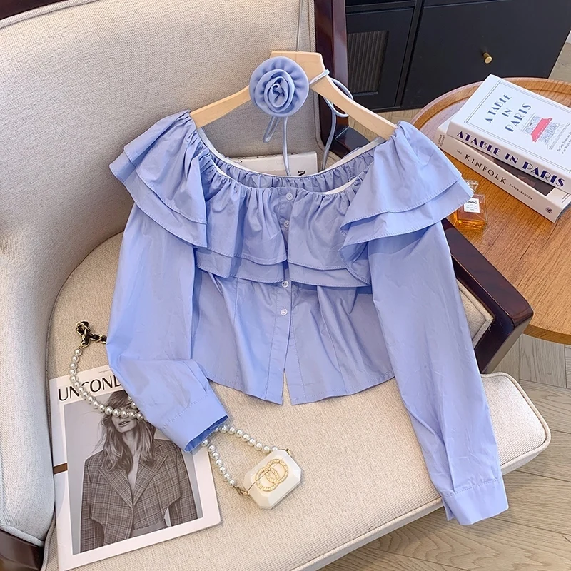 [Vibe] Nova bandagem feminina flor design enrugado borda chiffon camisa 2025 primavera moda mangas compridas blusa feminina