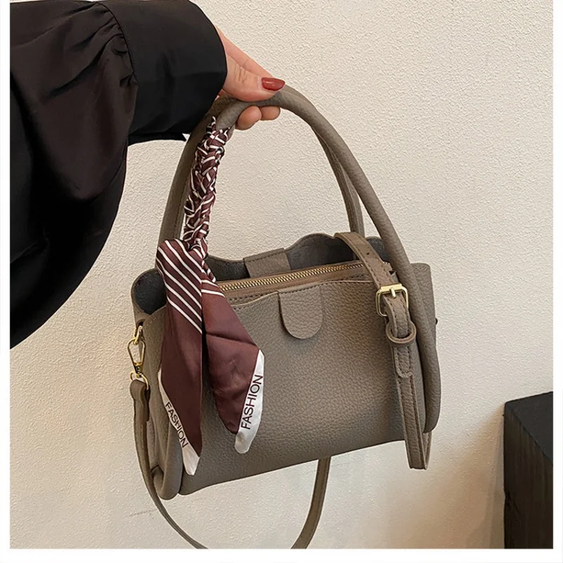 Women Elegant Mini Tote Bag With Silk Scarf Decor Top Handle Adjustable Strap Crossbody Shoulder Handbag