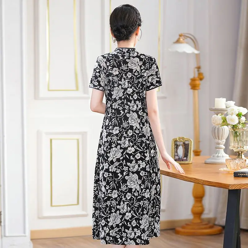 Women Summer New Cheongsam Skirt Dress Loose Large Size Cover Belly Long Ice Hemp Short Sleeve Elegance