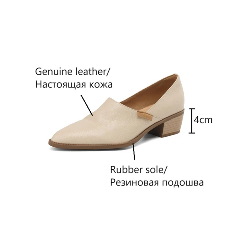 NEW Spring Women Loafers Pointed Toe Chunky Heel Shoes Genuine Leather Shoes for Women Concise High Heels Slip-on Women Pumps