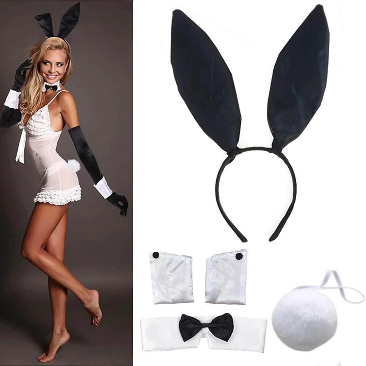 Lot de 5 accessoires de cosplay en velours : serre-tête longues oreilles de lapin, nœud papillon, manchettes et queue de lapin moelleuse pour femme, pour Halloween, Pâques et autres fêtes