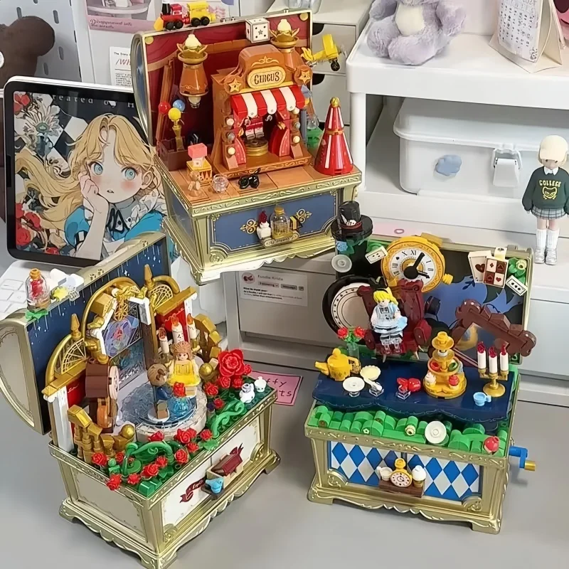 

Storybrooke Musical Treasure Chest Building Blocks Music Box Alice Pinocchio Assembled Toy Model Ornaments Holiday Gift