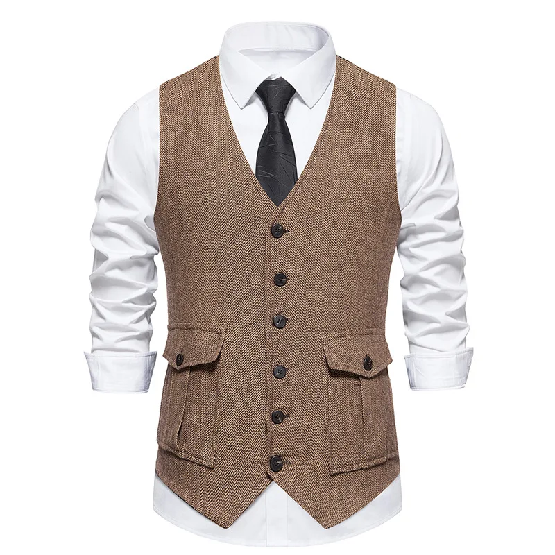 Mens Vintage Suit Vest V Neck Casual Wool Waistcoat for Wedding Groomsmen