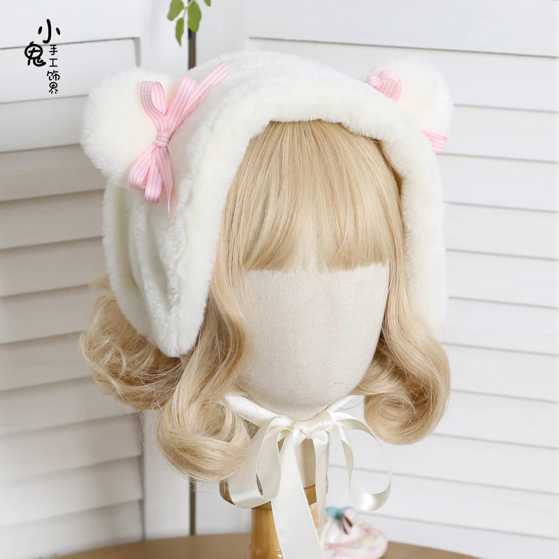 Japanese sweet autumn and winter hat Lolita brown bear ear plaid wild ear protection cap warm cute plus velvet earmuff cap