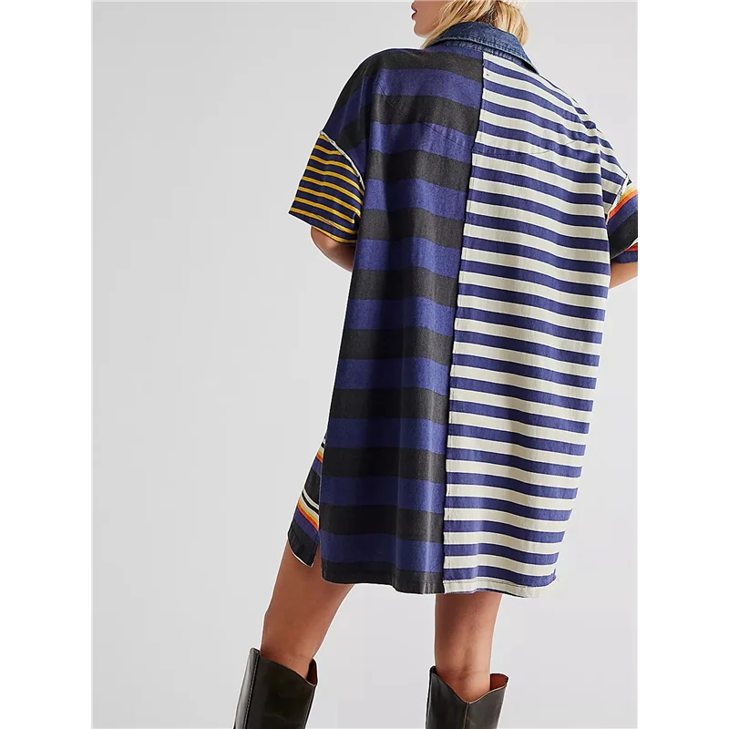 NEUE-Frauen Kontrast Gestreiften Babydoll Y2k Sommer Patchwork T-Shirt Kleid Vintage V-ausschnitt Kurzarm Kleid