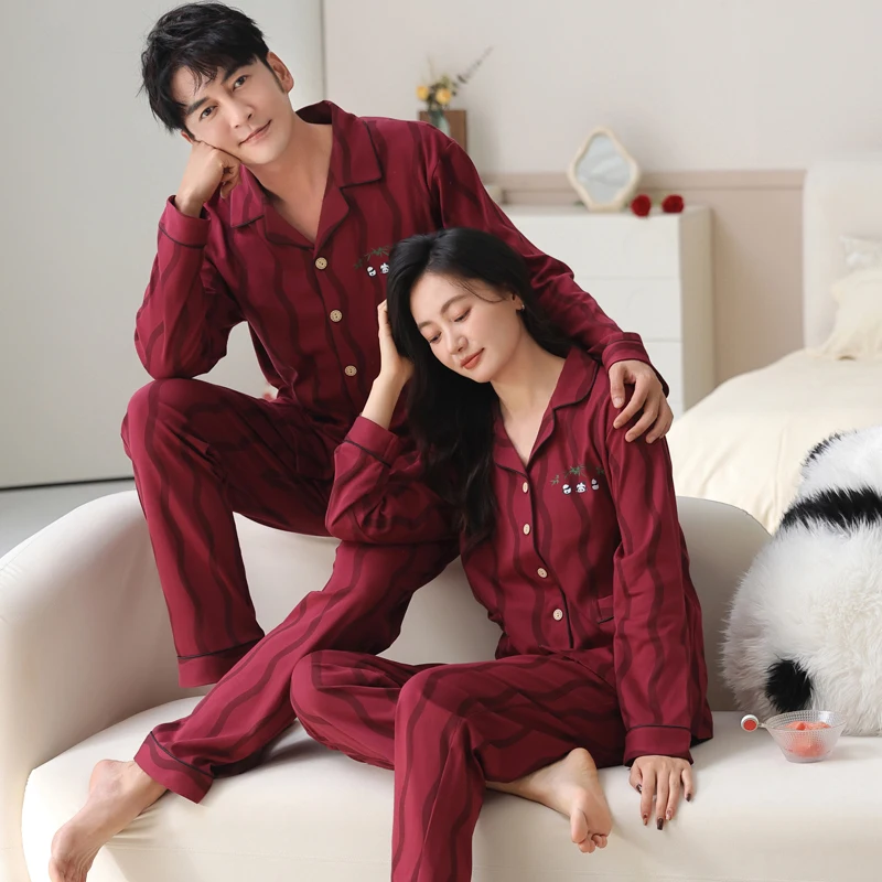 Große Größe M-4XL Baumwolle Paare Lange Ärmel Nachtwäsche Frühling Herbst Strickjacke Pyjama Set Damen und Herren Passende Loungewear Rot