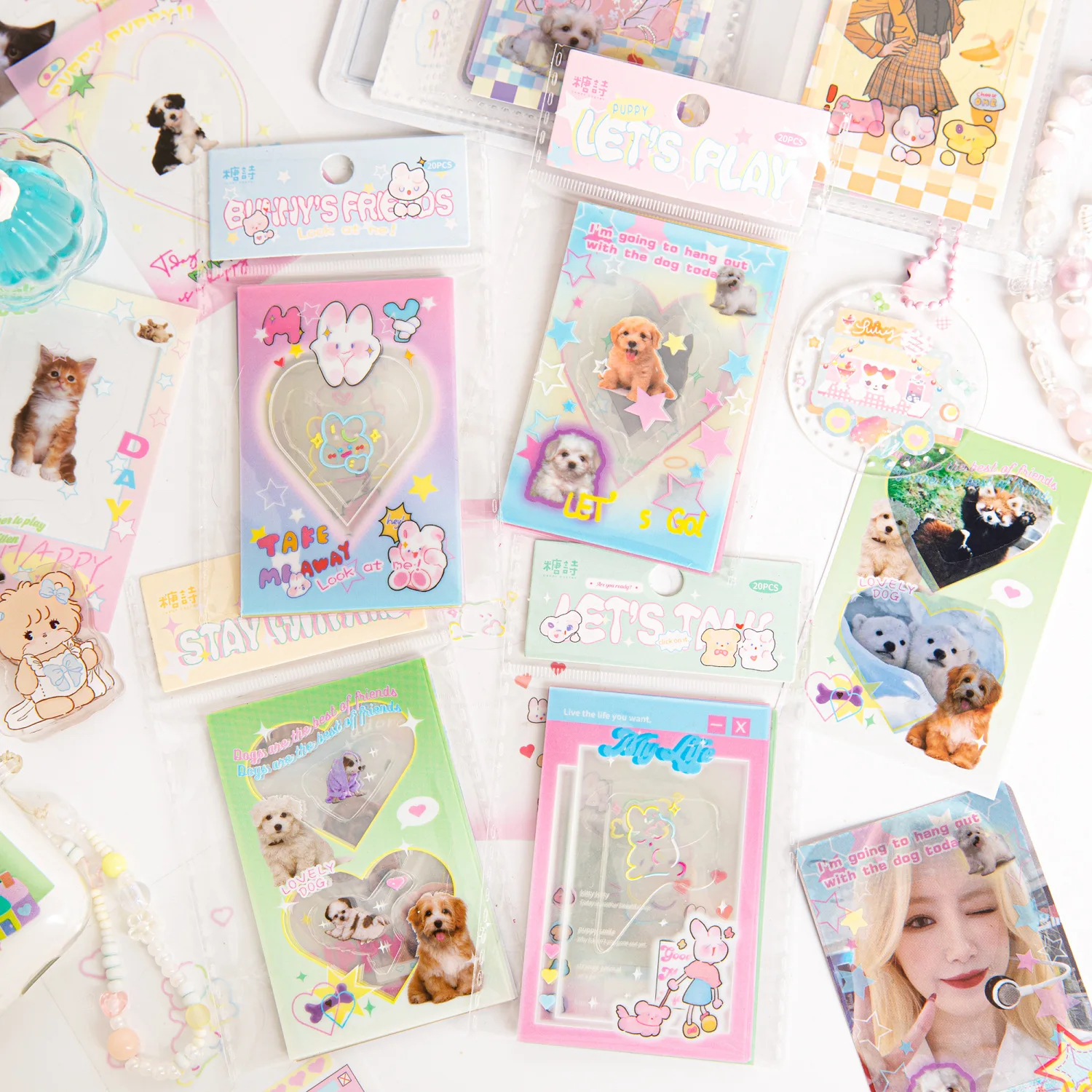 20 Pcs/Pack Cute Cartoon Rabbit Dog PET Toploader Sticker Plaid Photo Frame Sticker Creative DIY Kpop Photo Card Deco Collage