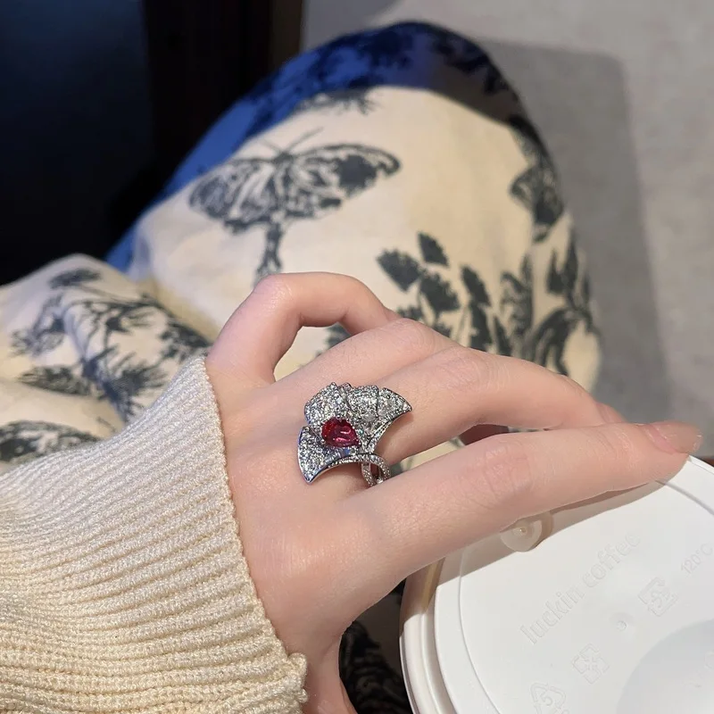 S925 pure silver maple leaf open ring jewelry pigeon blood red zirconia women's fashionable luxury versatile
