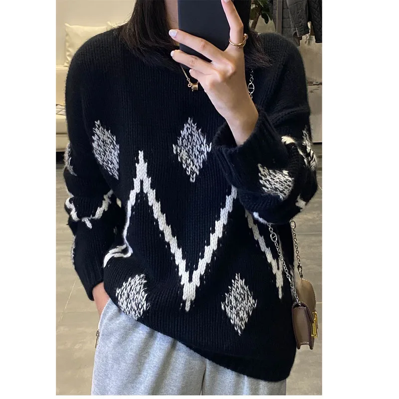 

New Spring and Autumn Fashion Lazy Style Retro Diamond Round Neck Loose and Versatile Western Style Slim Women's Knitted Sweater