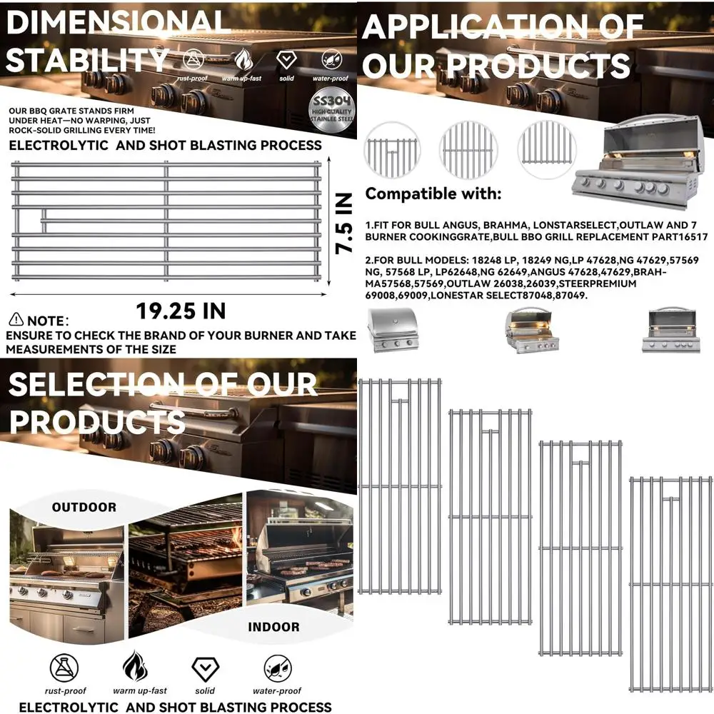 

7mm Stainless Steel 304 BBQ Grates - Upgrade 4 Pack for Bull, Angus, Brahma, Lonstar Grills