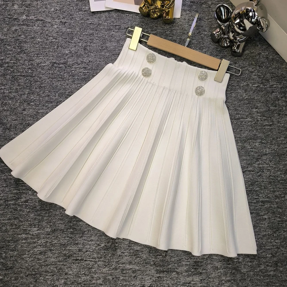 Luxury Design All-match Style Women A-line Knitting Skirt Solid Black & White Chic Lady Mini Length Saia