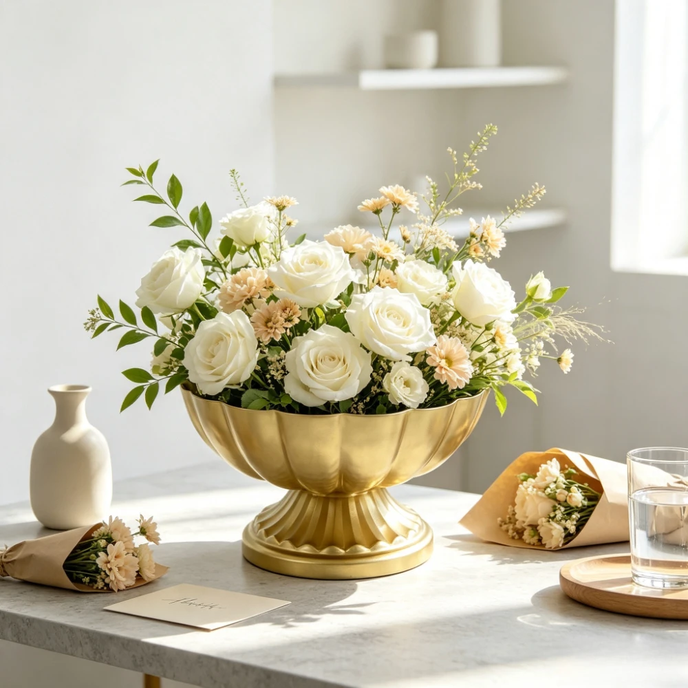 Luxury Gold Retro Flower Vase Wide - Mouth Flower Utensils Flower Arrangement Vase Office Cafe Indoor Restaurant Wedding Decor