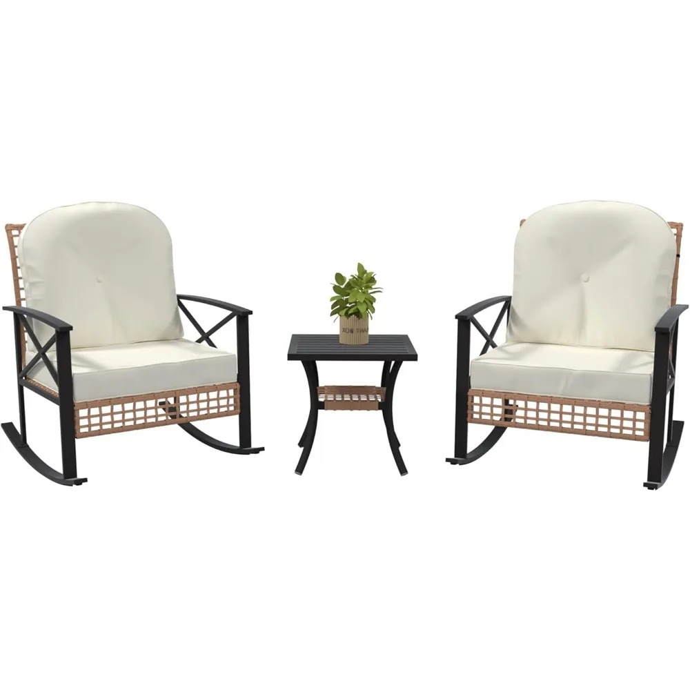 

3-Piece Rocking Bistro Set, Outdoor Patio Furniture Sets with Thick Cushions and 2-Tier Coffee Table, Rattan Balcony Conversati