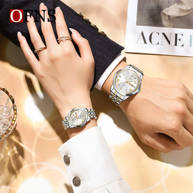 OFNS1502 luxury couple watch diamond cut diamond inlaid dial luminous waterproof dual calendar men's and women's quartz watch