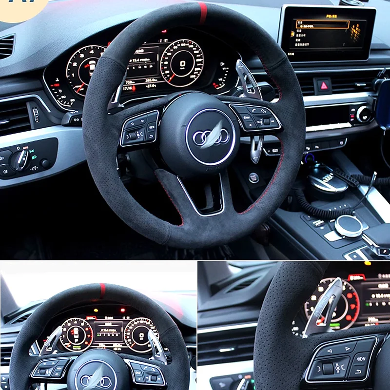 For Audi A3 A5 RS3 RS5 S3 S4 S5 2017 2018 2019 Hand-stitched Steering Wheel Cover Braid Red Stitch Suede Interior Accessory