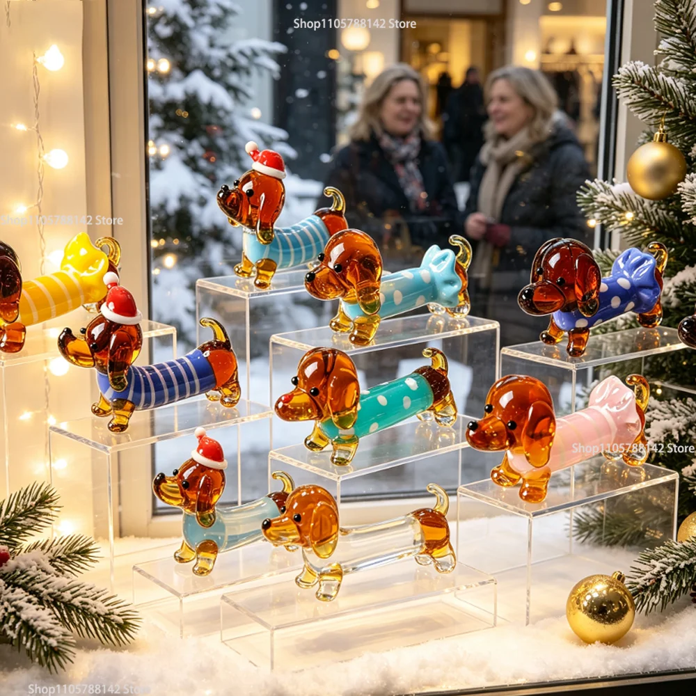 Wearing a Santa hat Dachshund Glass Handmade Blown Glass Dog Figurines Miniatures Cute Puppy Home Desktop Decoration Crafts