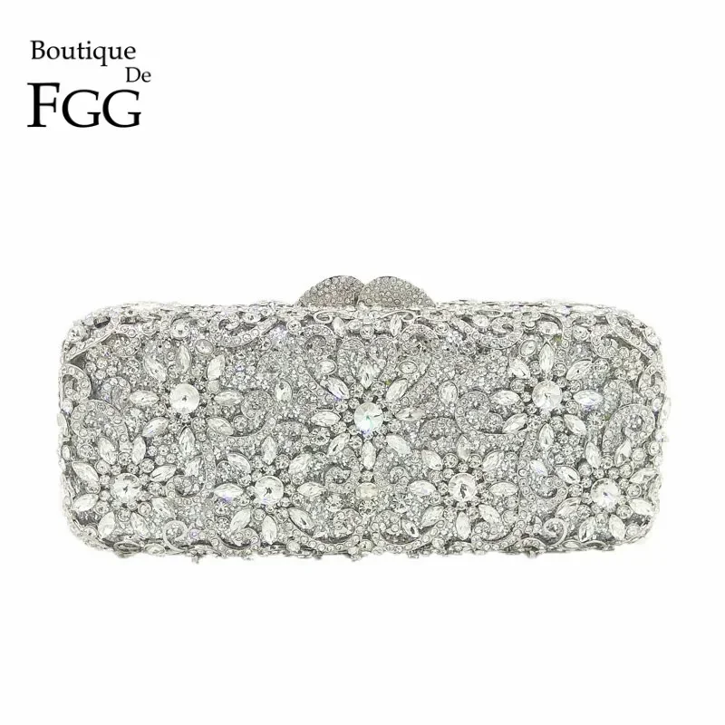 

Boutique De FGG (in stock) Flower Silver Crystal Clutch Purses and Handbags Formal Evening Bags Wedding Party Minaudiere Bag