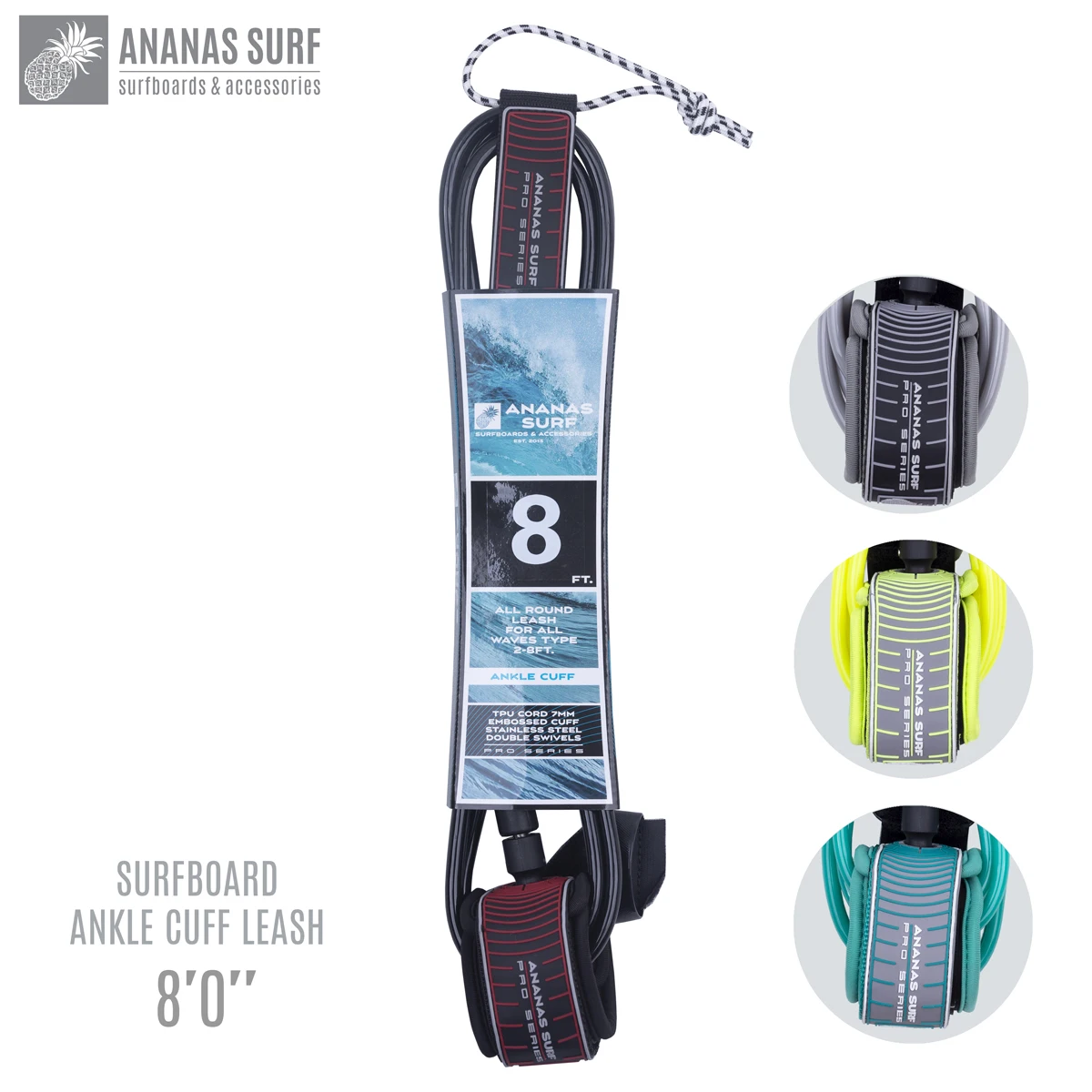 Ananas Surf 8ft. 244 cm. Long Surfboard Leash Ankle Cuff Foot Leg Rope Safety Cord 7mm TPU Double Stainless Swivels