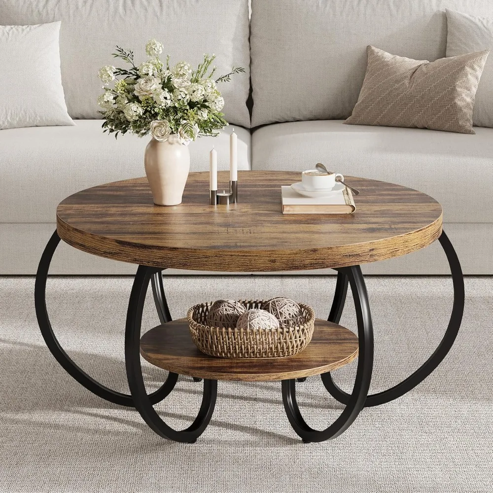 

Round Coffee Table 30 in Center Table, 2-Tier Coffee Table Industrial Center Tables with Adjustable Feet, Customized