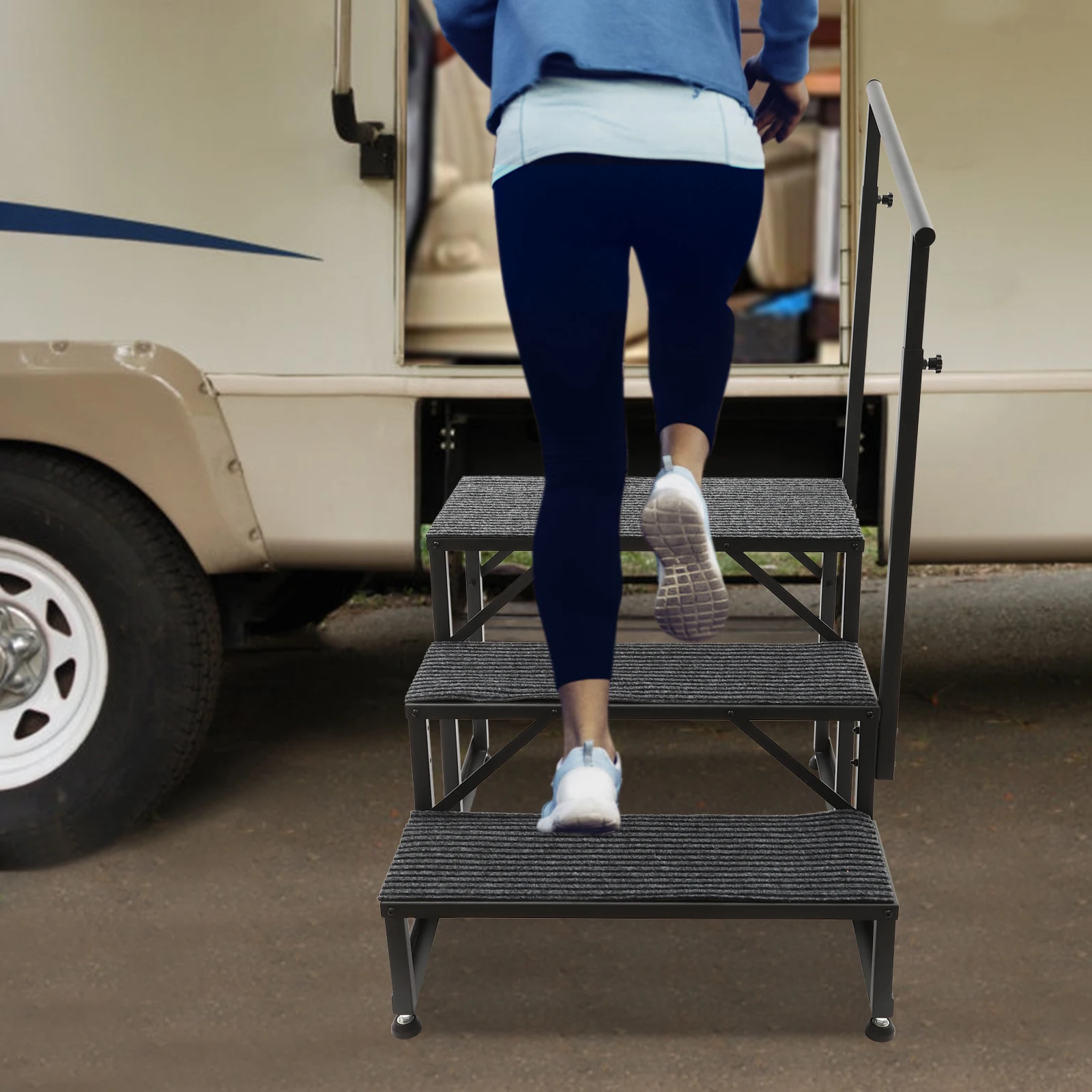 

3-step Porch Steps with Handrails and Foot Pads and Soft Cushions Non-slip Portable Step Stool Home Decor for Travel Trailer