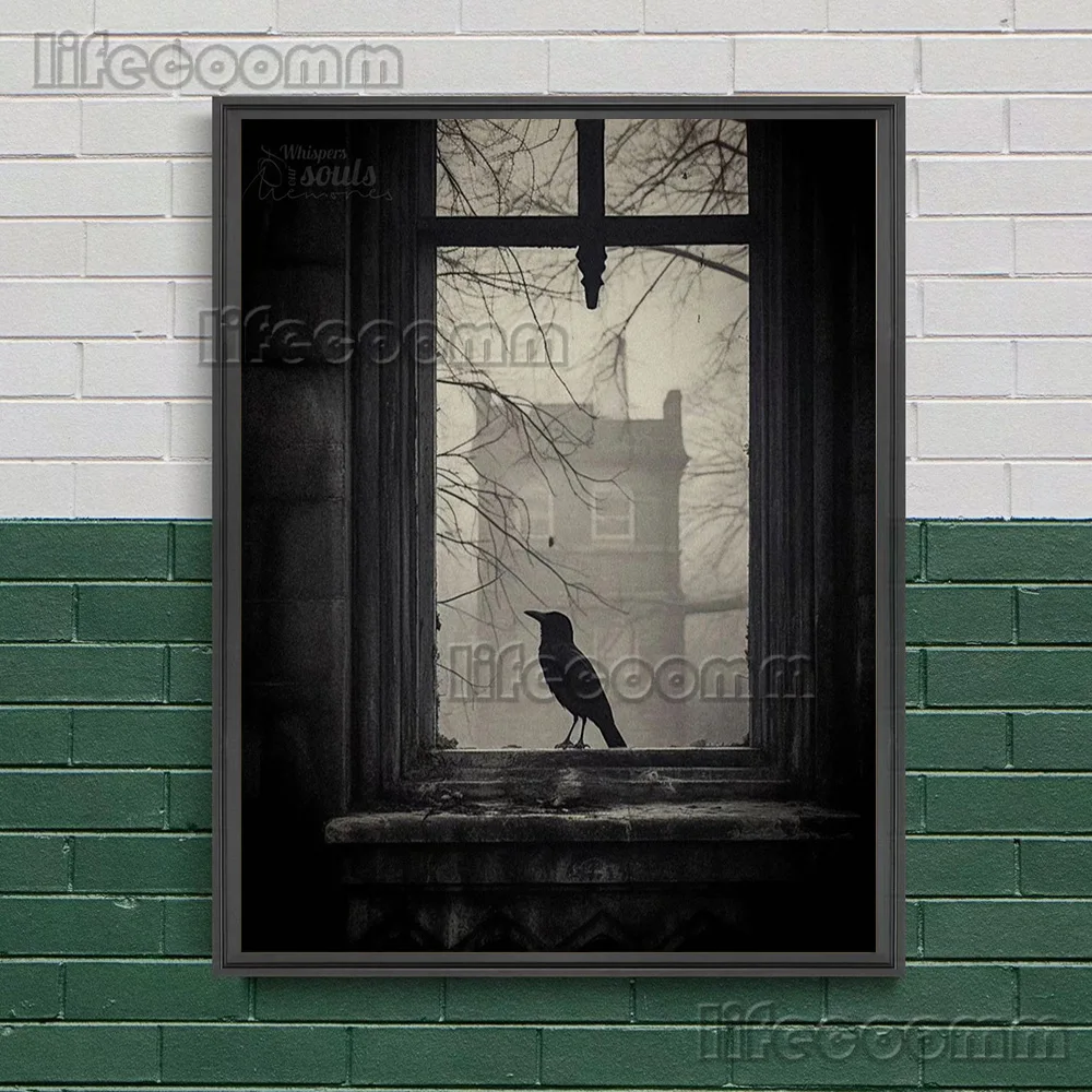 الطيور الطنانة والغربان أمام عتبة النافذة القديمة، لوحة جدارية عتيقة، لوحة قماشية، فن جماليات داكنة، طباعة ملصق، ديكور #4