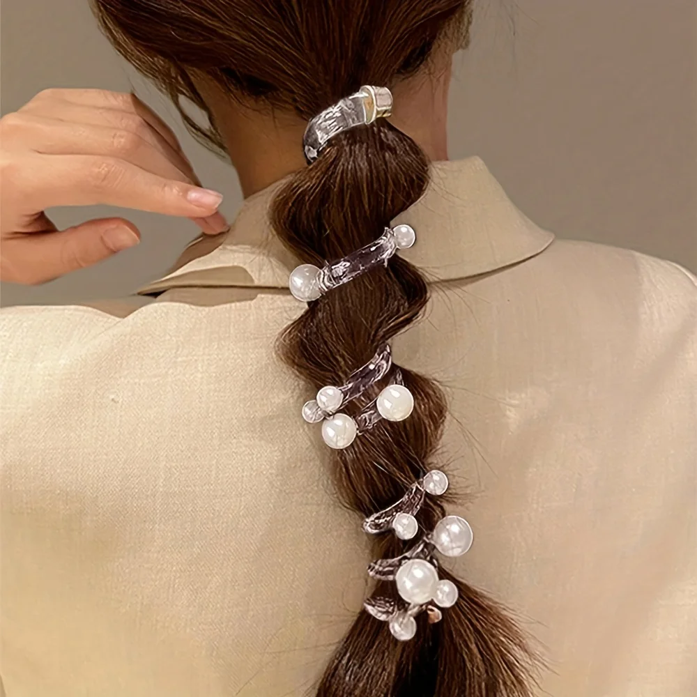 Vintage Faux Pearl Decorative Telephone Line Shaped Hair Loop Elastic Hair Tie For Women And daily use Wear