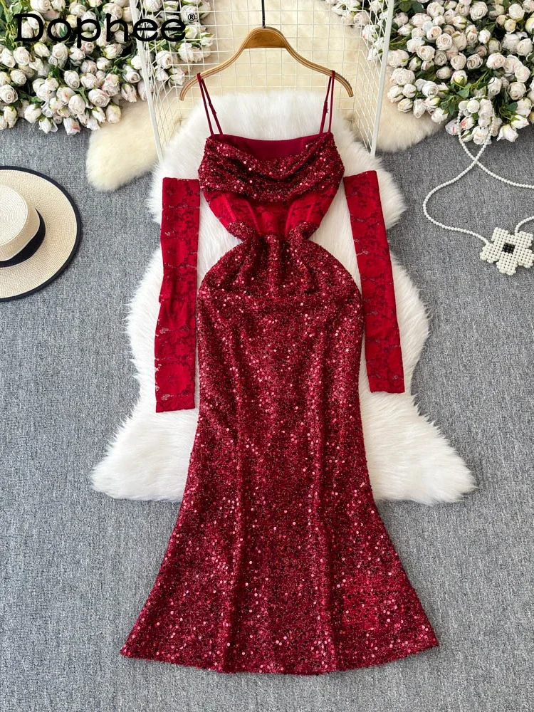 Sexy Red Sequined Suspender Dress Female High-end Birthday Dress Hip Fishtail Dress 2025 New Long Dresses for Women