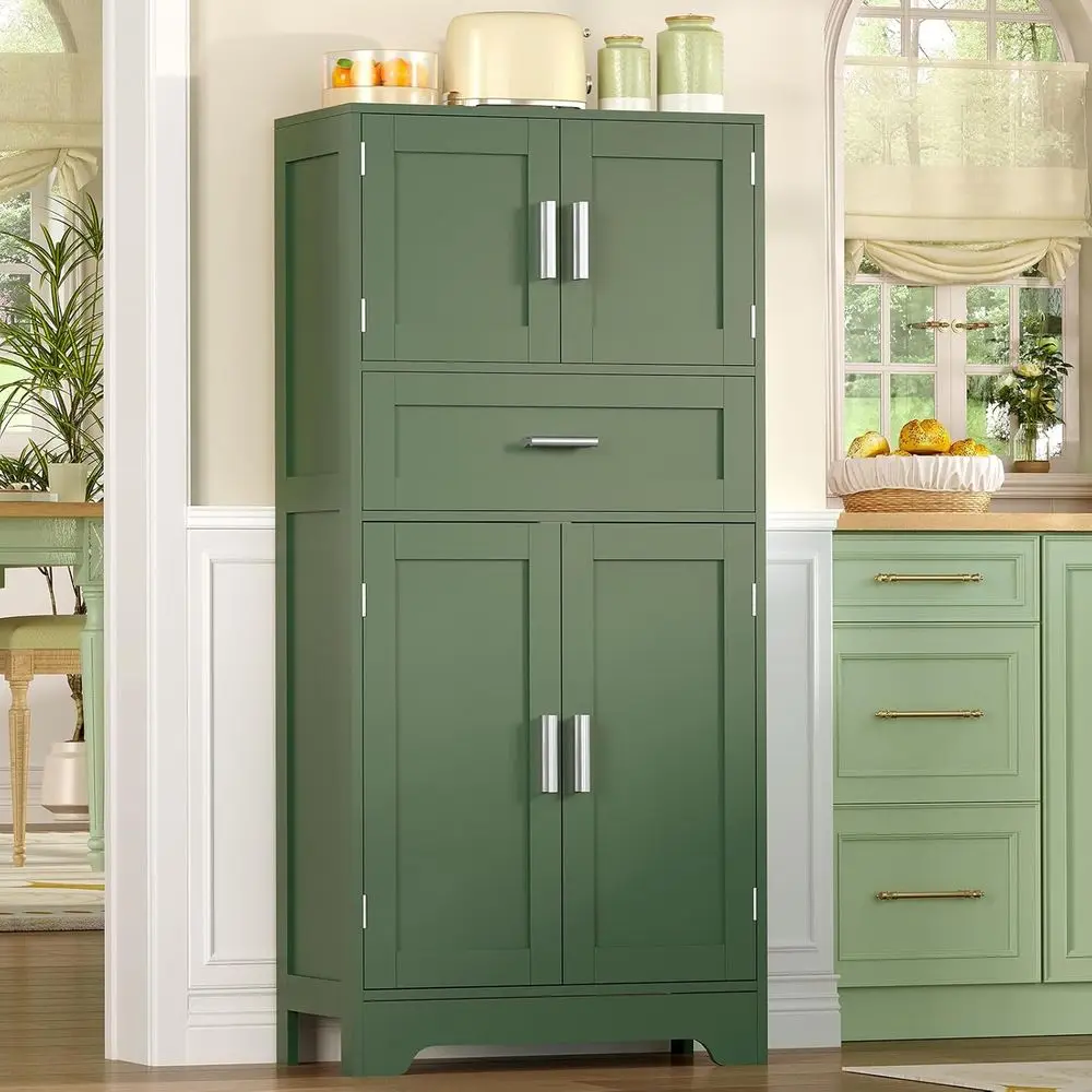 Zielona wolnostojąca szafka łazienkowa z 4 drzwiami i regulowanymi półkami do użytku domowego