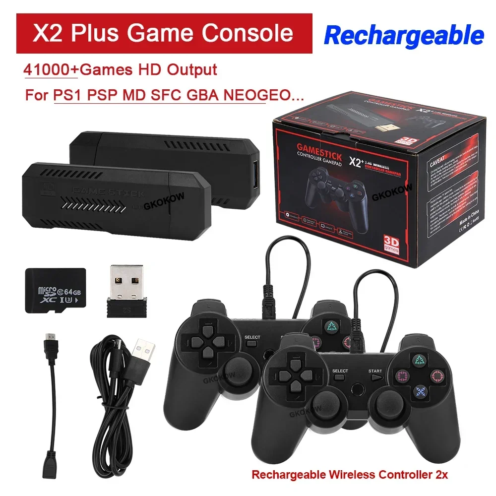 NEW Rechargeable X2 PLUS Video Game Stick Console 2.4G P3 Rechargeable Wireless Controller Retro Games for PSP/PS1/FC 64G/128G