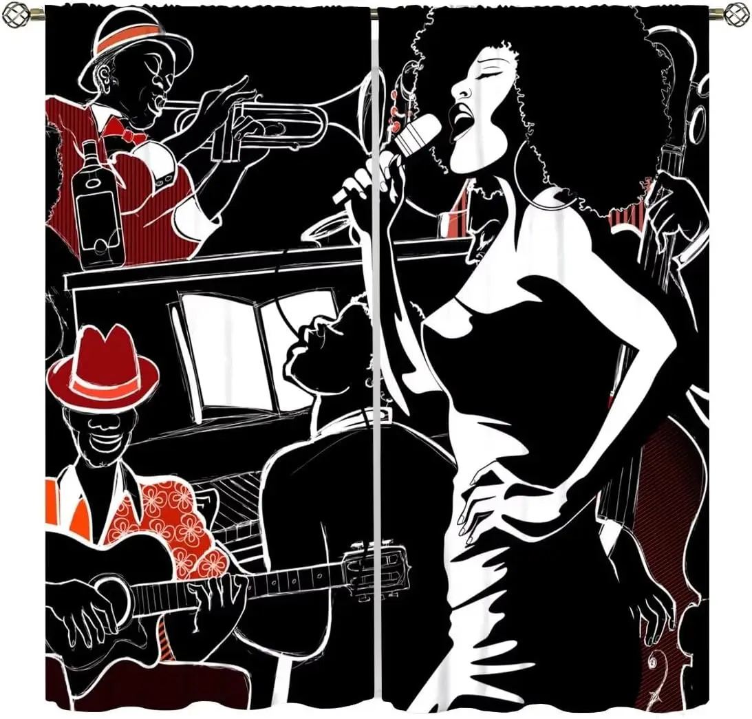 Jazz Music Curtains,American Woman Afro Black Girl Singing Art Theme Window Treatments for Bedroom Living Room Studio  2 Panel