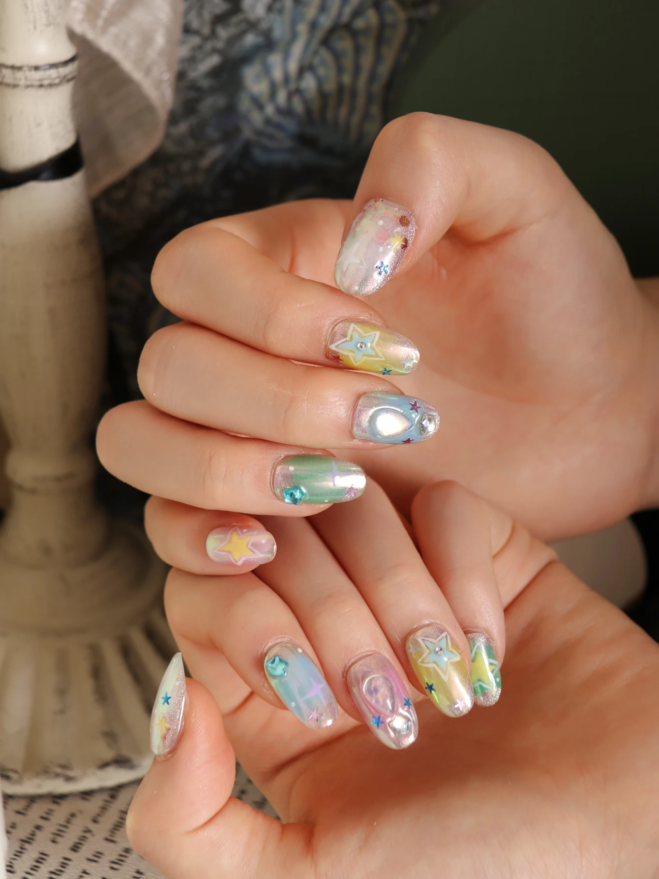 10Pcs Press on Nails Aurora Gradient Multicolored Stars Fake Nails Includes 1 Sheet Adhesive Tabs & 1 Pc Mini File