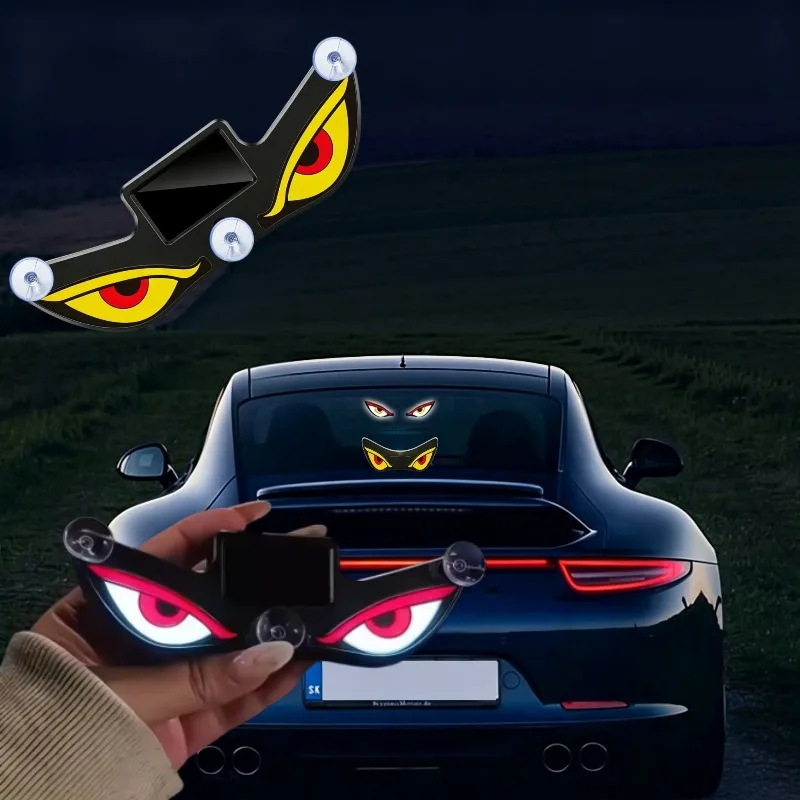 Solar Powered Evil Eyes LED Car Warning Light Suction‑cup Install Type‑C Charging Rear Window Flashing Decor Atmosphere Lamp