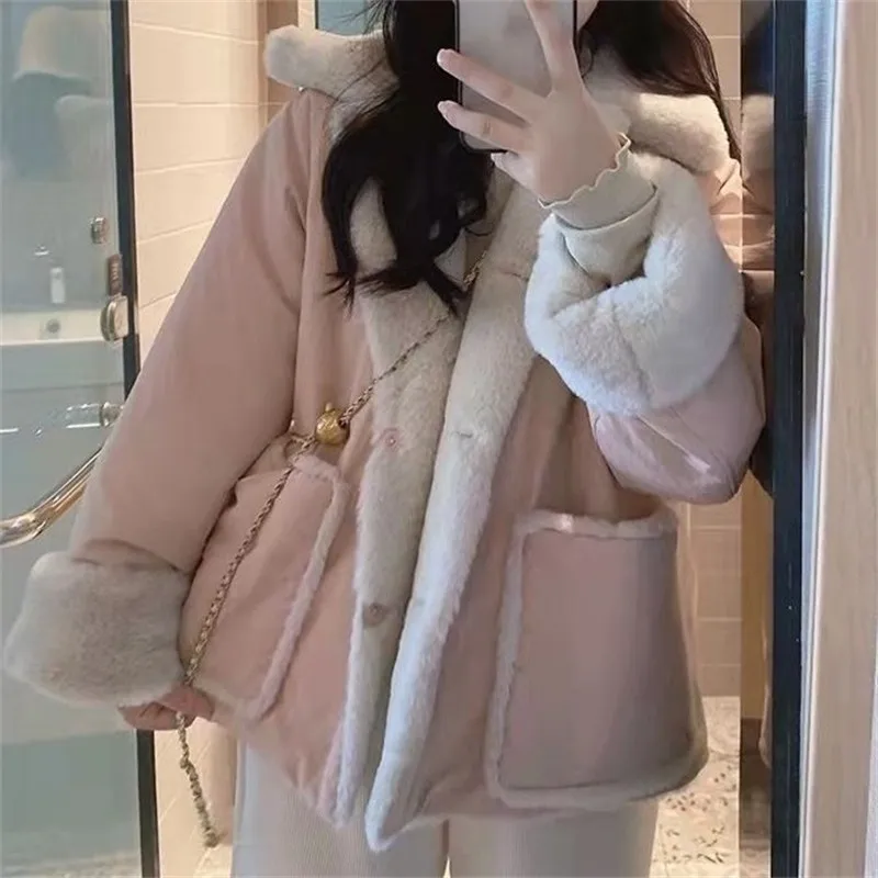 Winter thick short Loose Parkas Women Fashion Sweet Plush Collar Warm Double-sided Wearable Cotton Padded Coat Harajuku Jackets