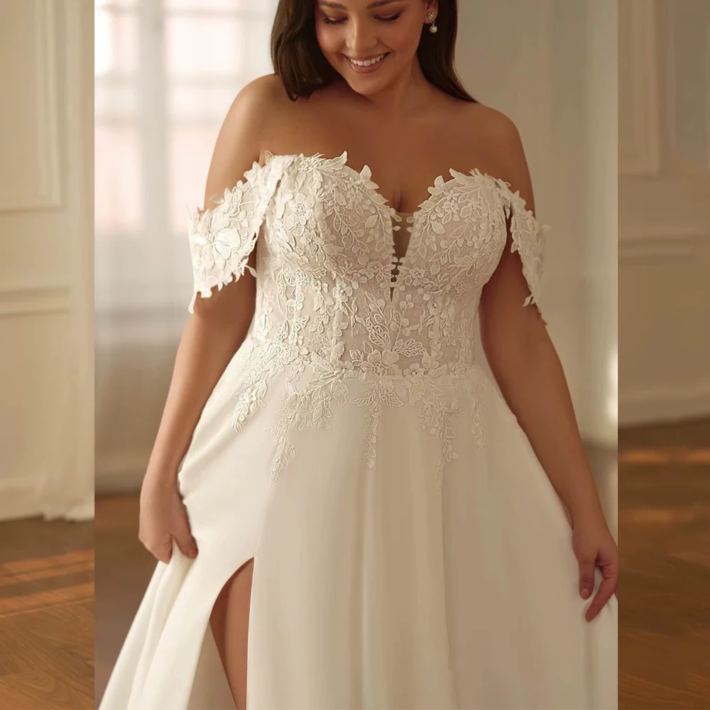 Aangepaste romantische chiffon bruidjurk off-shoulder applicaties bruidsjurken lieverd backless plus size vestido bruidsjurk