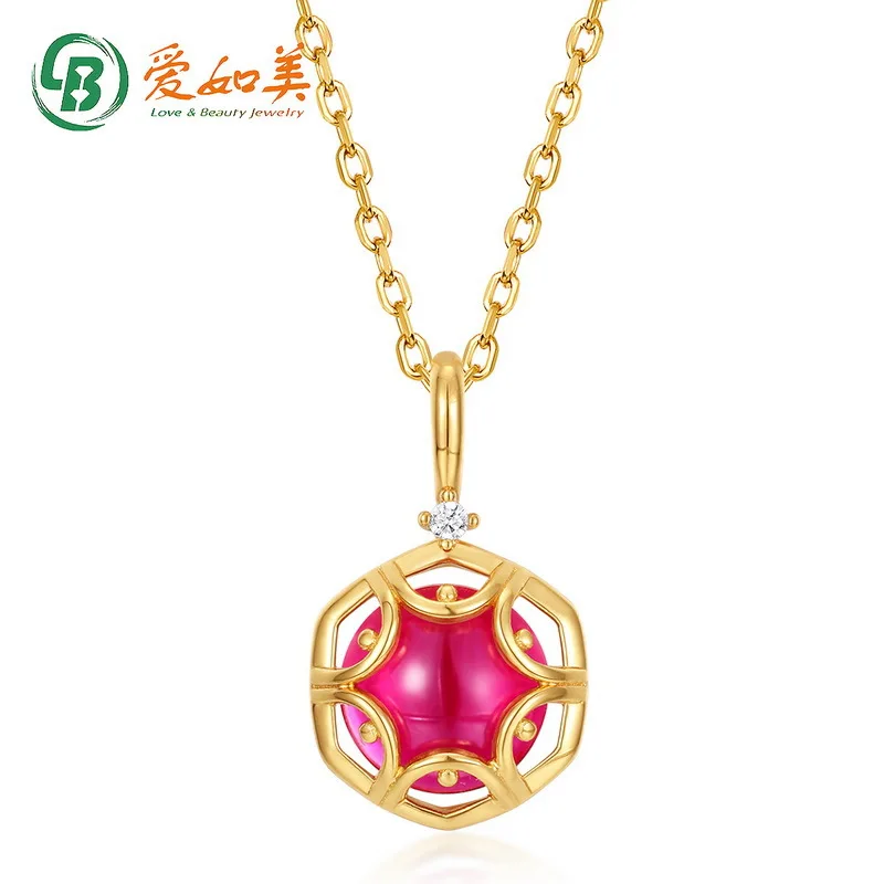 

Red Corundum Geometric Flower Women Wearing Two White Crystal 18K Gold PT950 Platinum Silver Plated 7-layer Gold Pendant