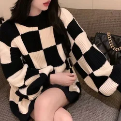 Plus Size 4XL 150KG Winter Long Sleeve Knitted Sweater Women O Neck Sweaters for Women Plaid Loose Lady Casual Pullover