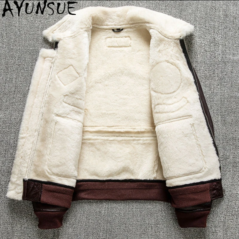 AYUNSUE Winter Leather Jacket Men Clothing Thickened Bomber Jacket Natural Sheepskin Fur Mens Clothing Wool Liner Мужская Одежда