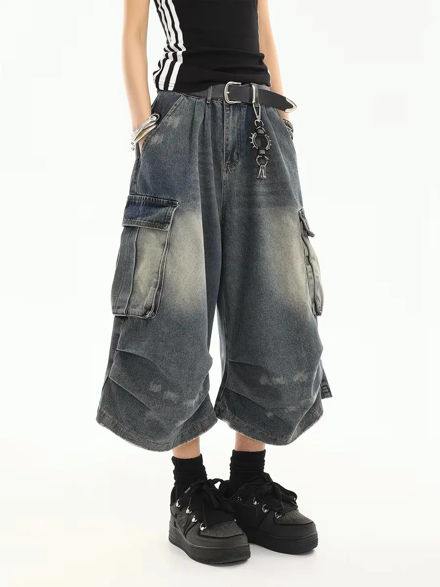 

American Street Style Multi-Pocket Work Pants Women Loose CleanFit Wide Leg Large Size Retro Slimming Seven-Quarter Length Jeans